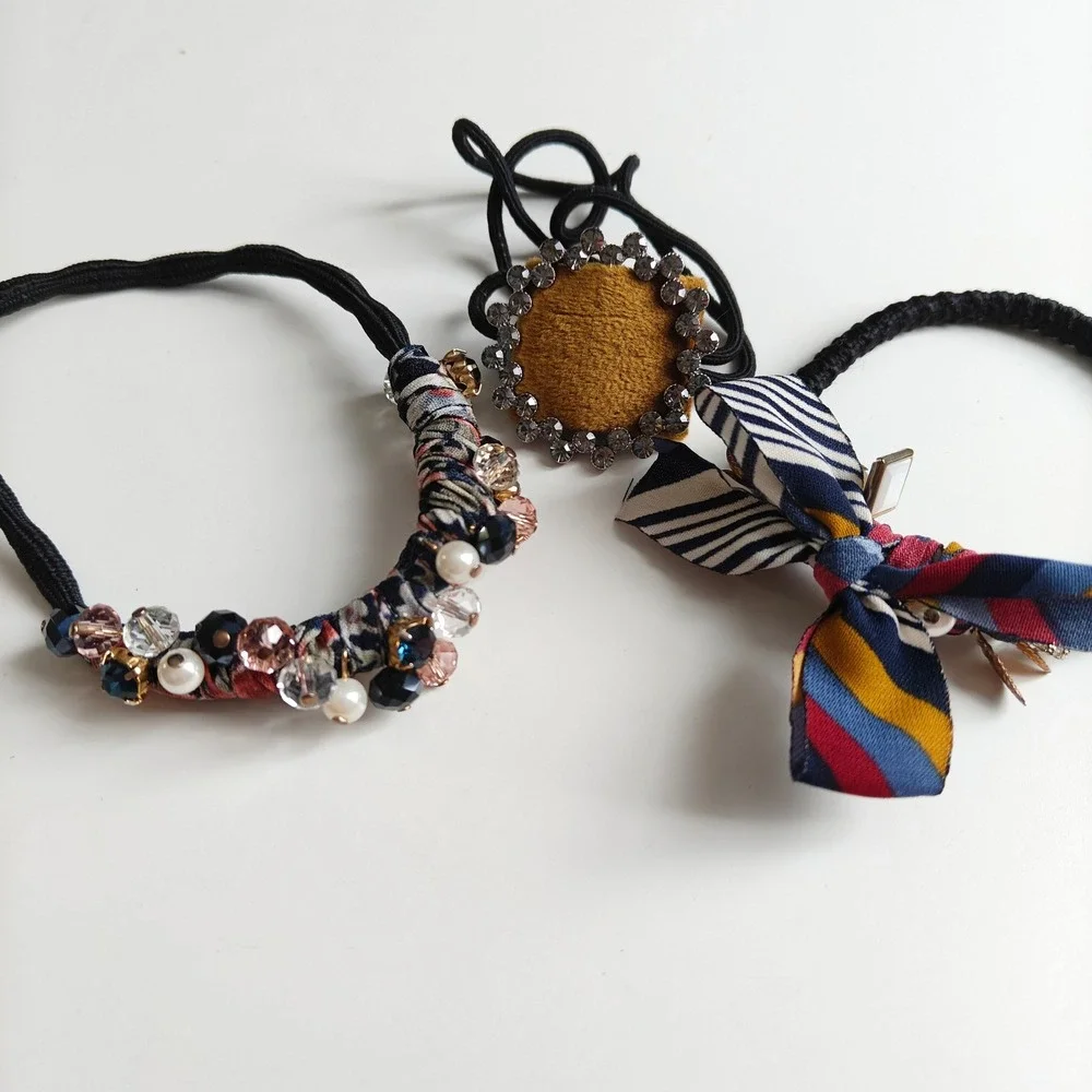 Handmade Beaded Rhinestone Hair Tie Set 3pc Velvet Bow Ribbon Multicolor Womens